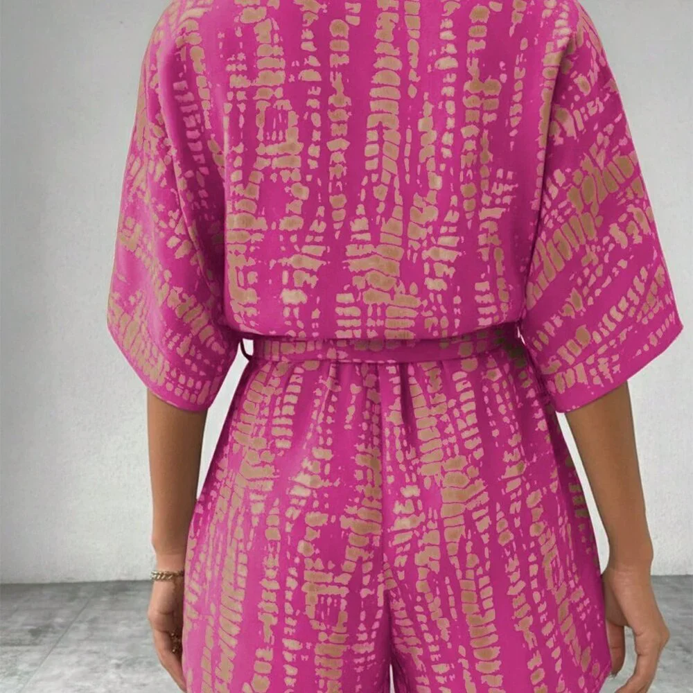 Multicolor Casual Women's Printed Batwing Sleeve Tie Collar Jumpsuit